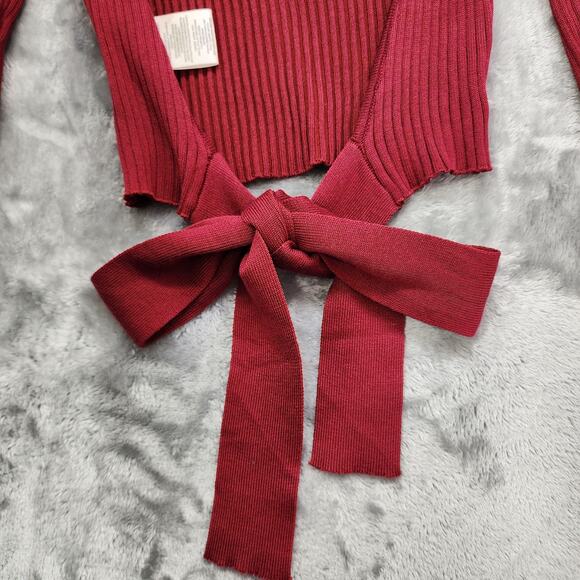 Madden Girl Top Womens XS Red Ribbed Knit Mock Neck Long Sleeve Open Back Tie - Picture 4 of 10